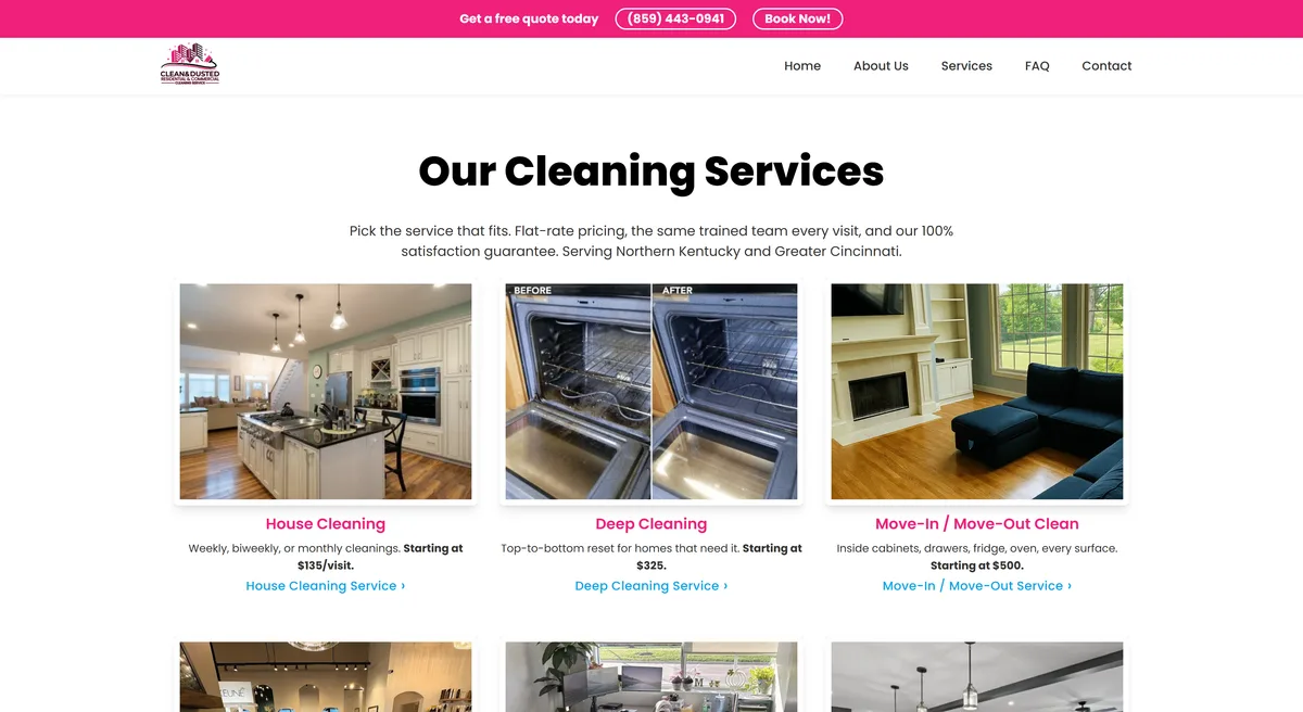The services hub we built for Clean and Dusted, with a dedicated page for each cleaning service